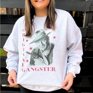 John Wayne Original Gangster Crewneck Sweatshirt | Grey with Red Lettering